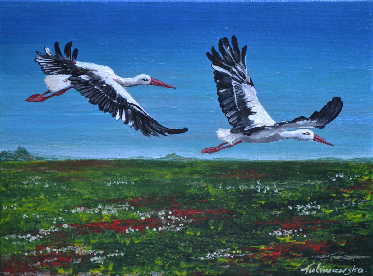 Storks in flight by Maja Tulimowska - Chmielewska