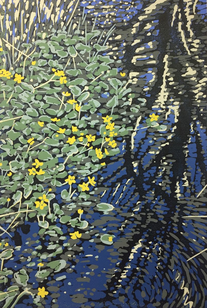 Impressionistic Botanical Linocut By Alexandra Buckle, 10 X 14, Marsh Marigolds, Original Artwork