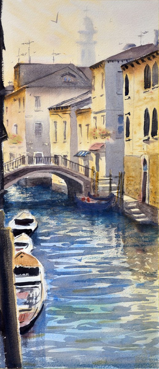 Light above canal of Venice Italy 23x54cm 2020 by Nenad Kojic watercolorist