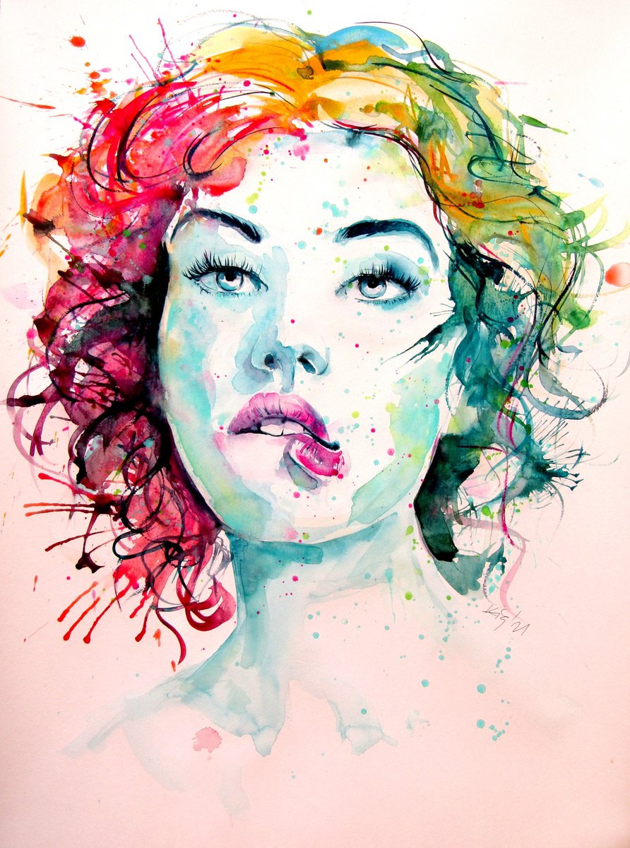 Impressionistic Watercolour , Charming Girl Xiii By Kovacs Anna Brigitta, 20 X 28, Artwork For Sale On Artfinder