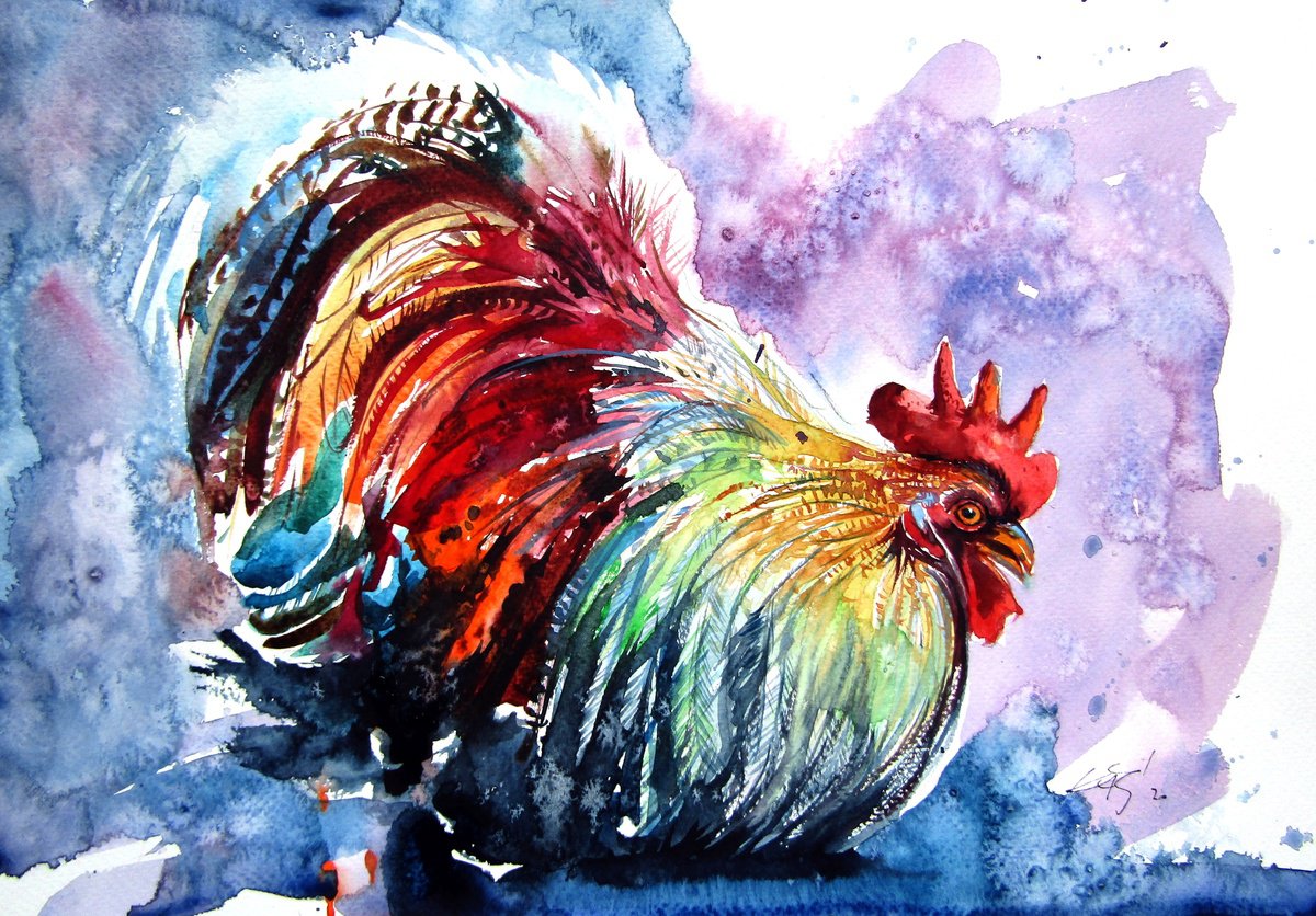 Impressionistic Watercolour , Colorful Rooster By Kovacs Anna Brigitta, 15 X 10, Artwork For Sale On Artfinder