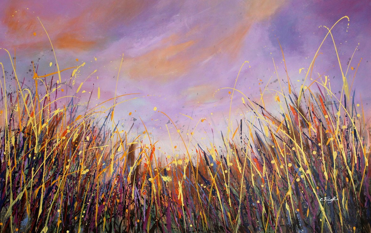 Impressionistic Landscape Acrylic Painting By Cecilia Frigati, 39 X 26, Golden Hours #2, Original Artwork