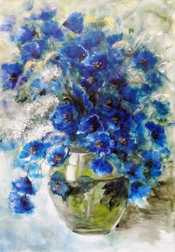 Blue Poppies in Vase
