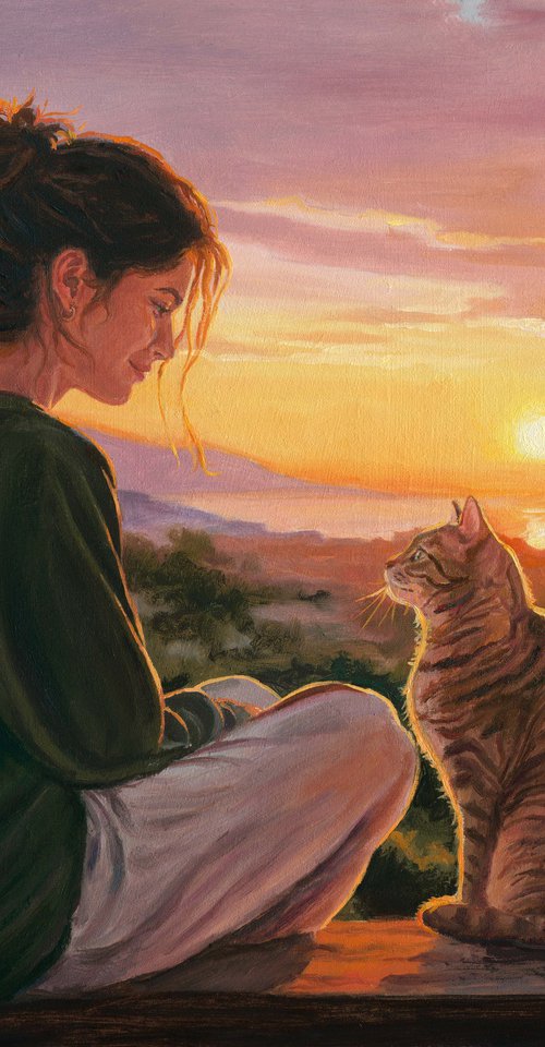 Girl watching the sunset with her tabby cat by Lucia Verdejo