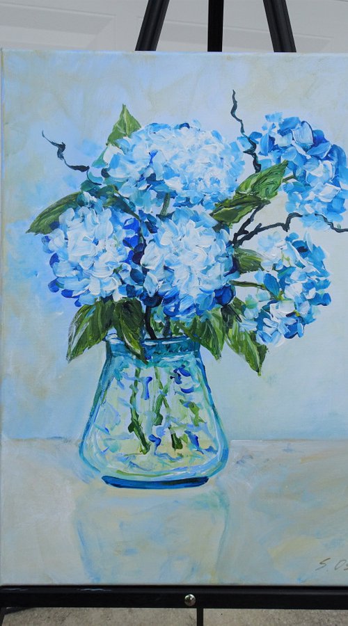 Blue Hydrangea Flowers Bouquet Painting on Canvas. Impressionistic Stile Flowers. Abstract Floral Art. Modern Impressionism Contemporary Garden Painting by Sveta Osborne