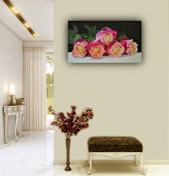 Roses Painting, Still life with Flowers, Pink Rose, Creamy Garden Rose