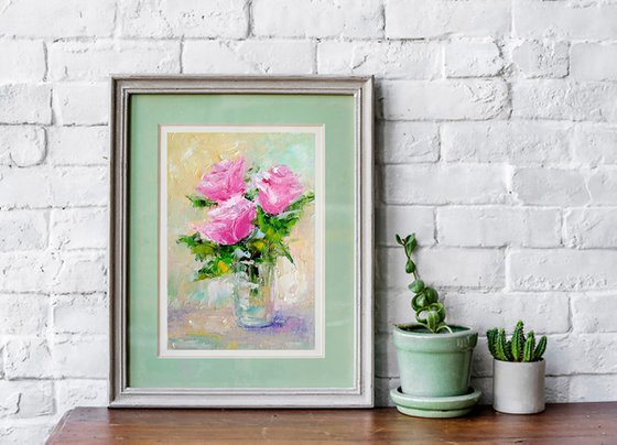 Pink Rose Painting Original Art Small Oil Artwork Flower Wall Art Floral Mini Oil Painting