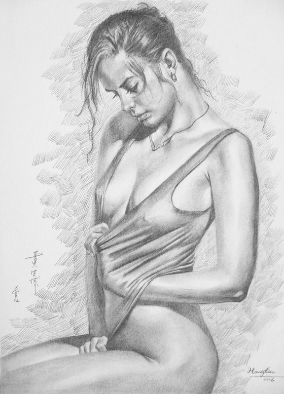 original art drawing pencil sexy nude girl on paper #16-5-19