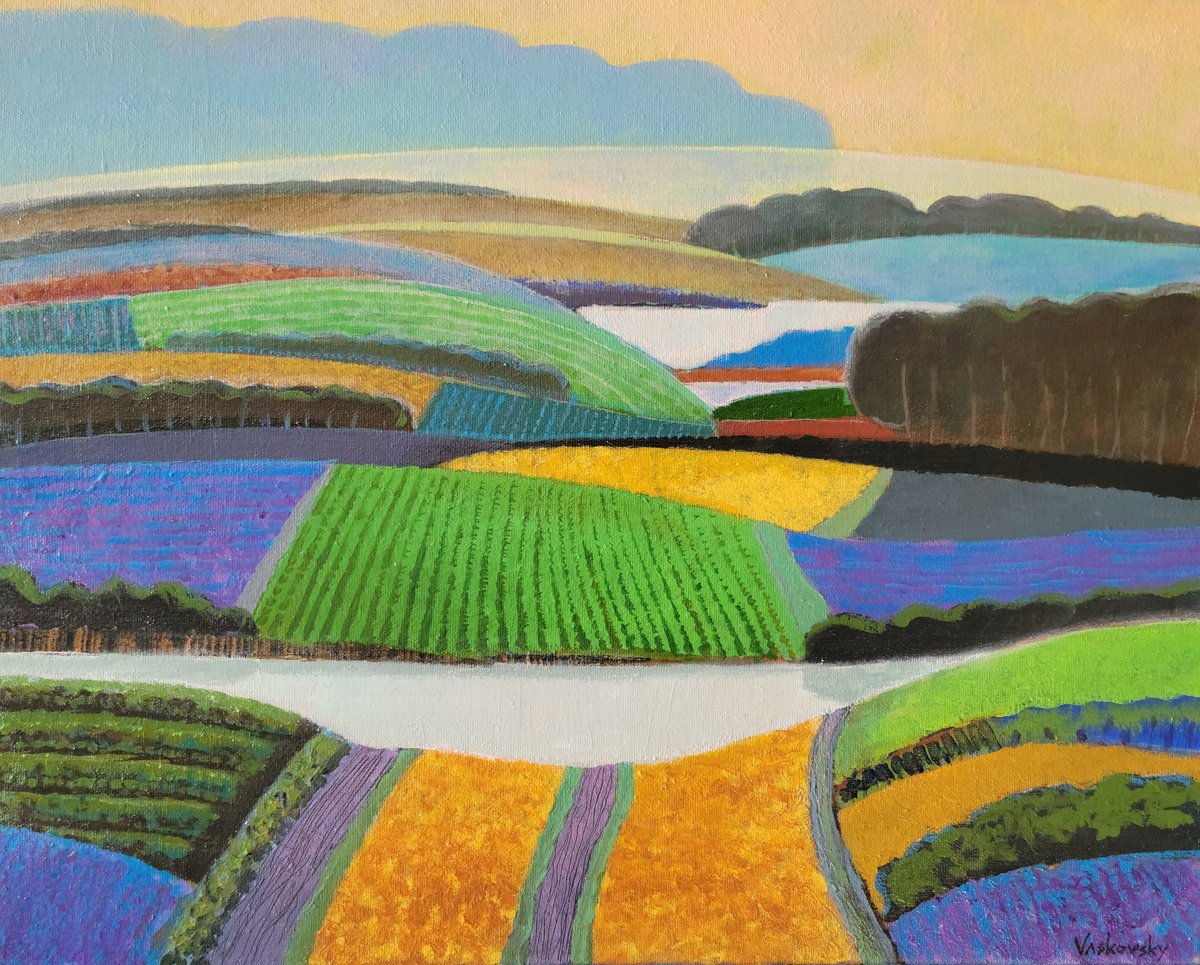 Naive Landscape Acrylic Painting By Vadim Vaskovsky, 20 X 16", Blue Cloud, Original Artwork