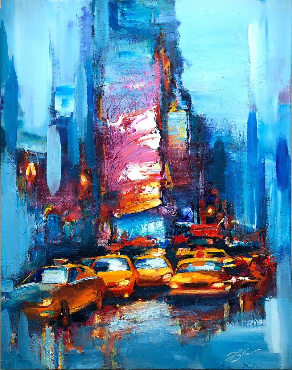 Expressive Landscape Acrylic Painting By Viacheslav Zaykin, 26 X 32", Manhattan Pulse | Racing Taxis, Original Artwork