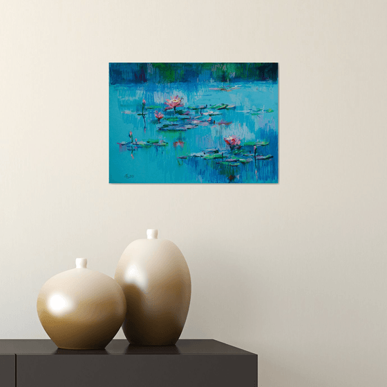 Waterlilies. Sunset. Oil pastel painting. Blue small painting water pond decor interior flowers monet impressionism