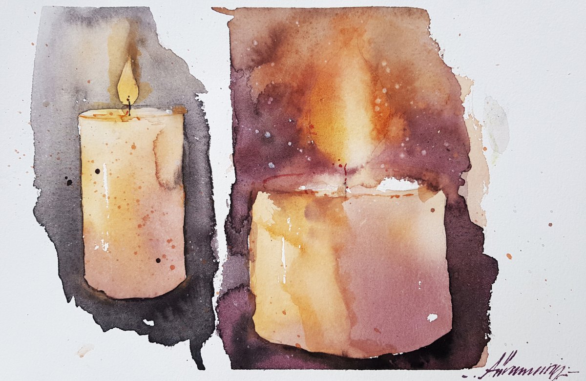 ?andles. A warm light for your house. Orinal watercolor picture. by Marina Abramova