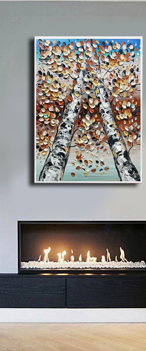 Stand Together - 3D Textured Fall Gold Birch Trees Landscape Painting on Canvas, Original Abstract Nature Textured Tree Painting - SIZE: 24 X 32 INCHES (60 X 80 CM) by Lana Guise