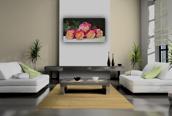 Roses Painting, Still life with Flowers, Pink Rose, Creamy Garden Rose