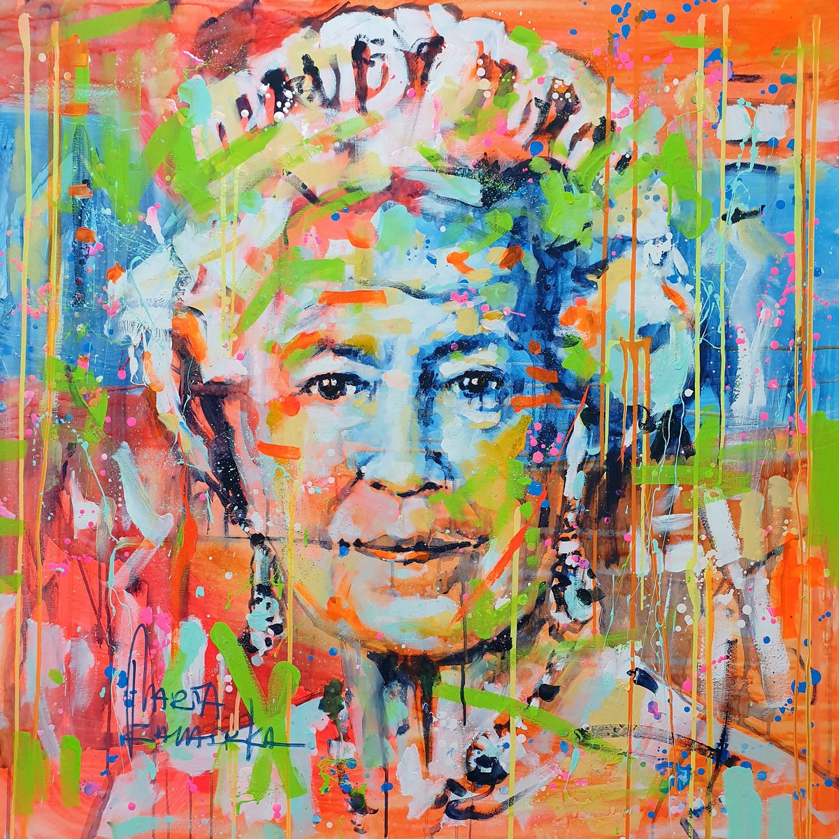 Impressionistic Portrait Acrylic Painting By Marta Zawadzka, 39 X 39", Queen, Original Artwork