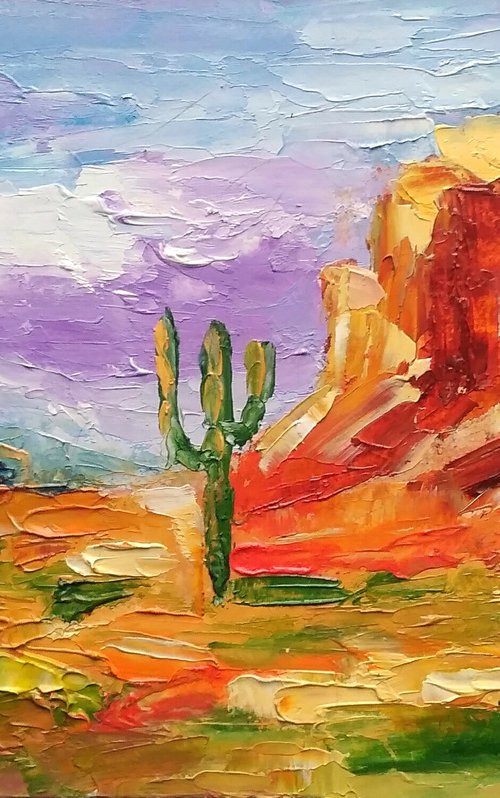 Arizona Painting Desert Landscape Original Art Saguaro Cactus Artwork Sonora Wall Art by Yulia Berseneva
