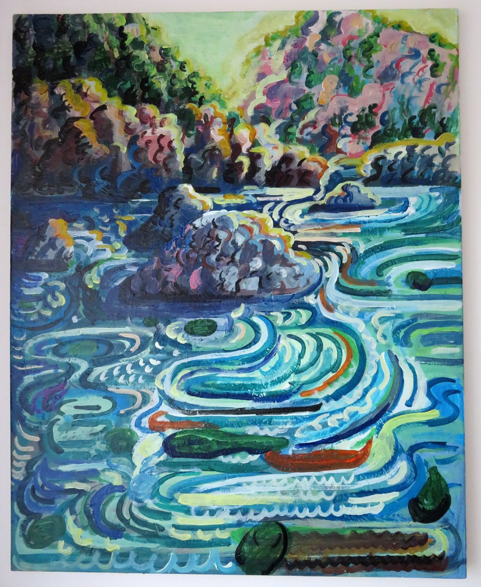 Impressionistic Landscape Acrylic Painting By Stephen Abela, 24 X 30", Rocky Lake Scene, Original Artwork