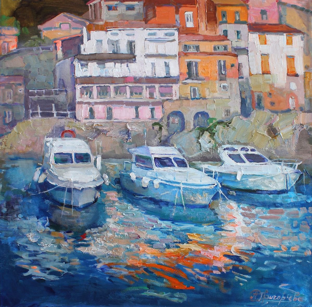 Impressionistic Landscape Oil Painting By Anastasiia Grygorieva, 24 X 24, Port Of Maratea, Original Artwork