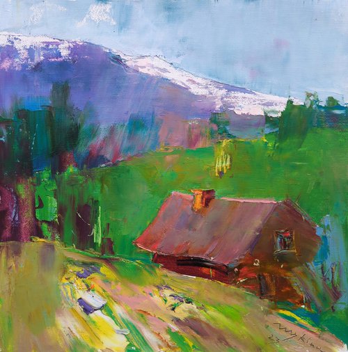 Small house in the mountains . Original oil painting by Helen Shukina