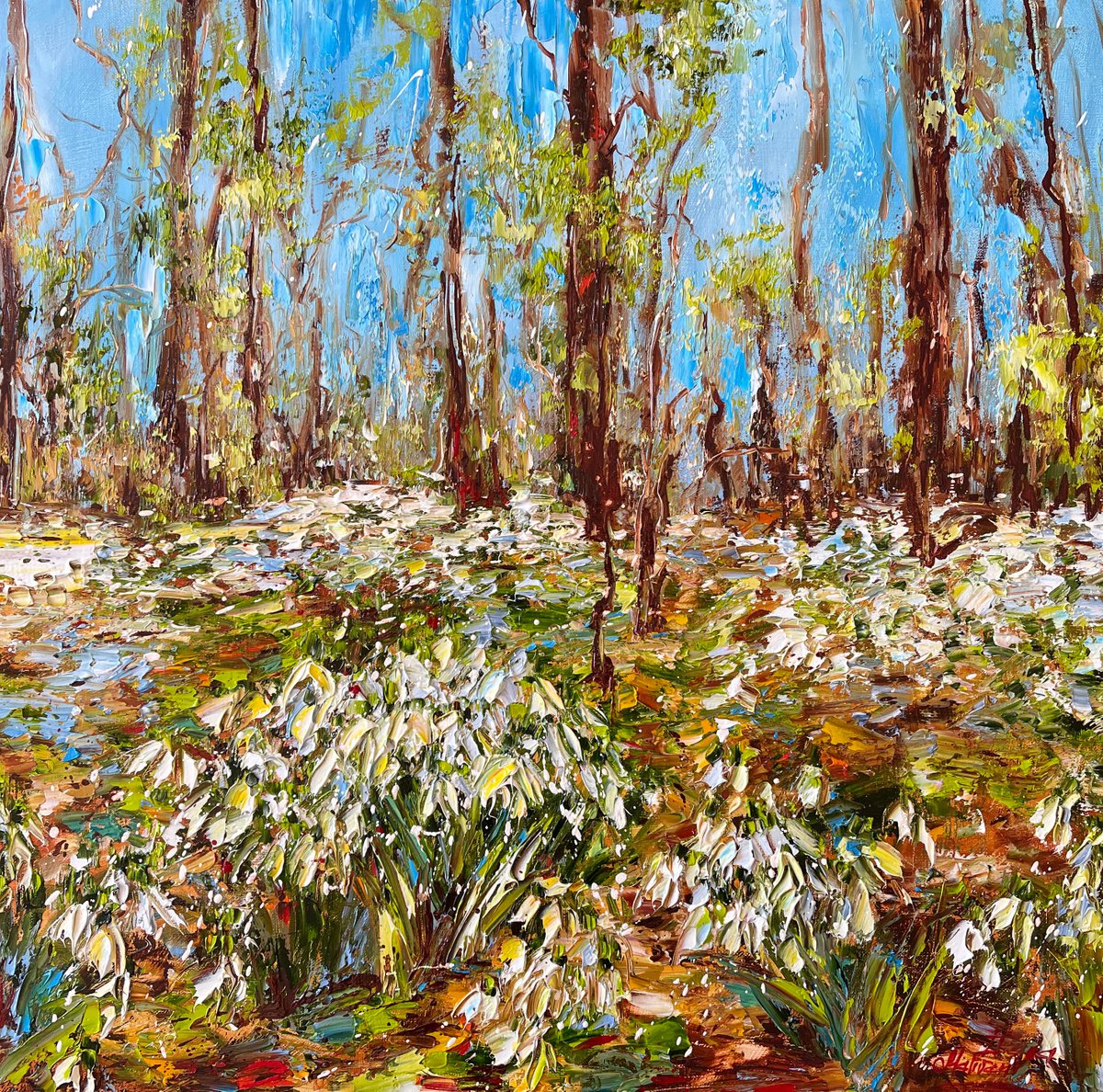 Impressionistic Botanical Oil Painting By Diana Malivani, 20 X 20, Snowdrops, Original Artwork