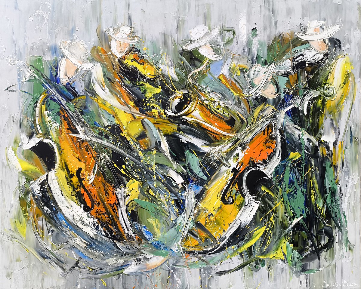 Abstract Portrait Oil Painting By Marieta Martirosyan, 39 X 31", The Vibrant Ensemble, Original Artwork