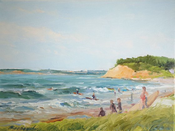 Surfing beach - plein air, original, one-of-a-kind oil on canvas impressionistic style painting