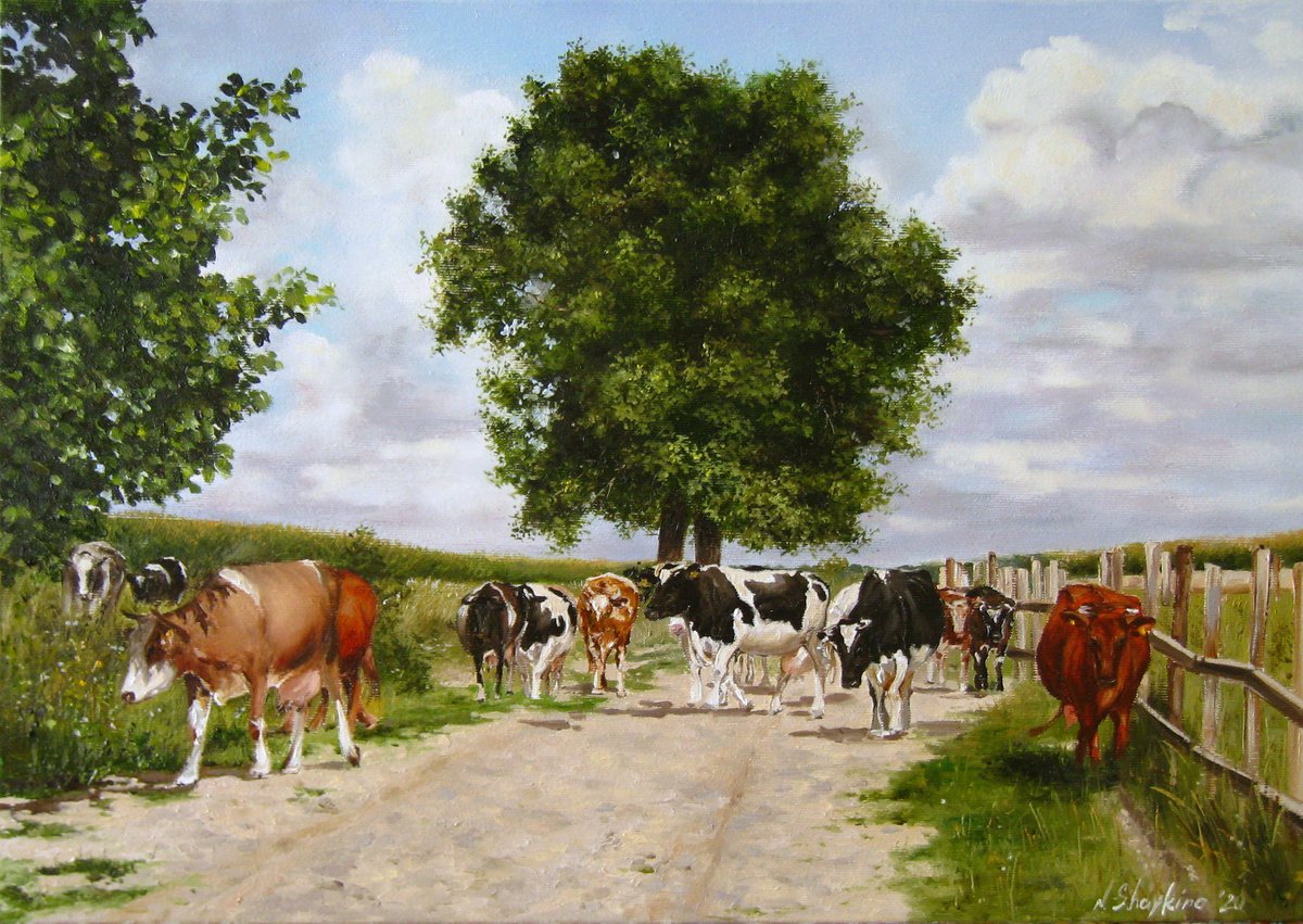 Back to the Homestead, Farm Cows Painting, Country Dirt Road, Trees and Landscape, Farmyar... by Natalia Shaykina