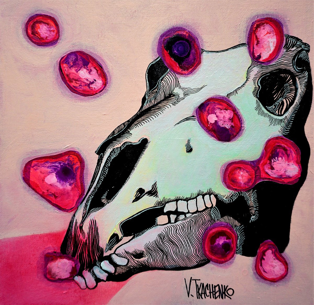 Organic Animal Acrylic Painting By Victor Tkachenko, 12 X 12", Bite, Original Artwork