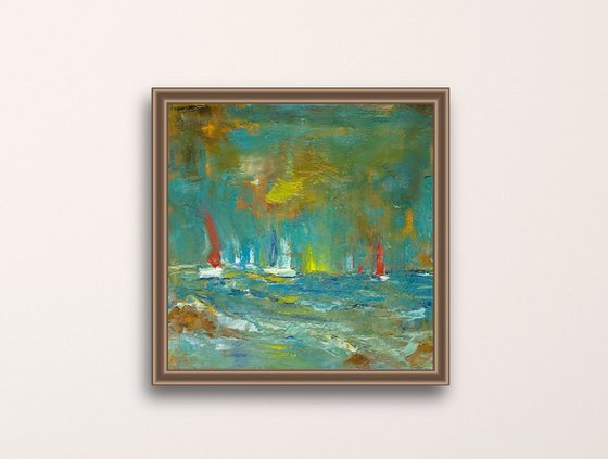 Yacht racing | Windy sailing day at sea artwork in green and ocher