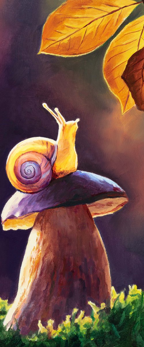 Fairytale snail on a mushroom by Lucia Verdejo