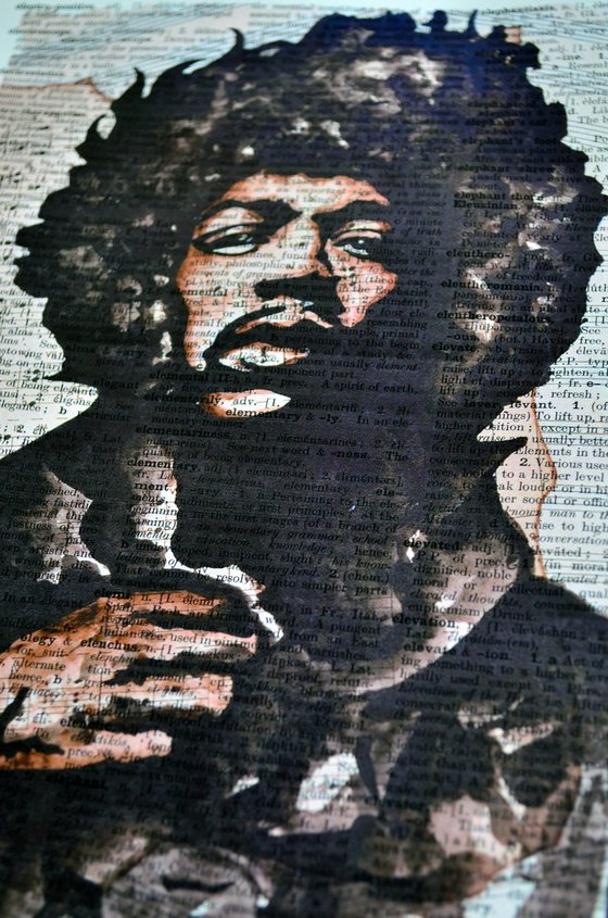 Jimi Hendrix Hand - Collage Art on Large Real English Dictionary Vintage Book Page