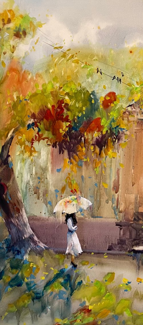 Sold Watercolor “Walking through colors of Autumn” by Iulia Carchelan