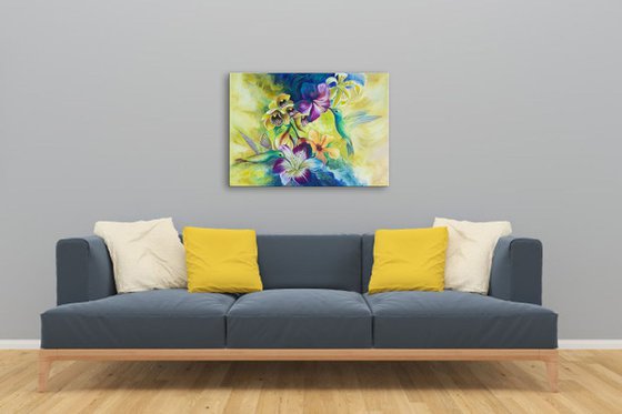 "Tropical splash", birds painting, floral flowers art