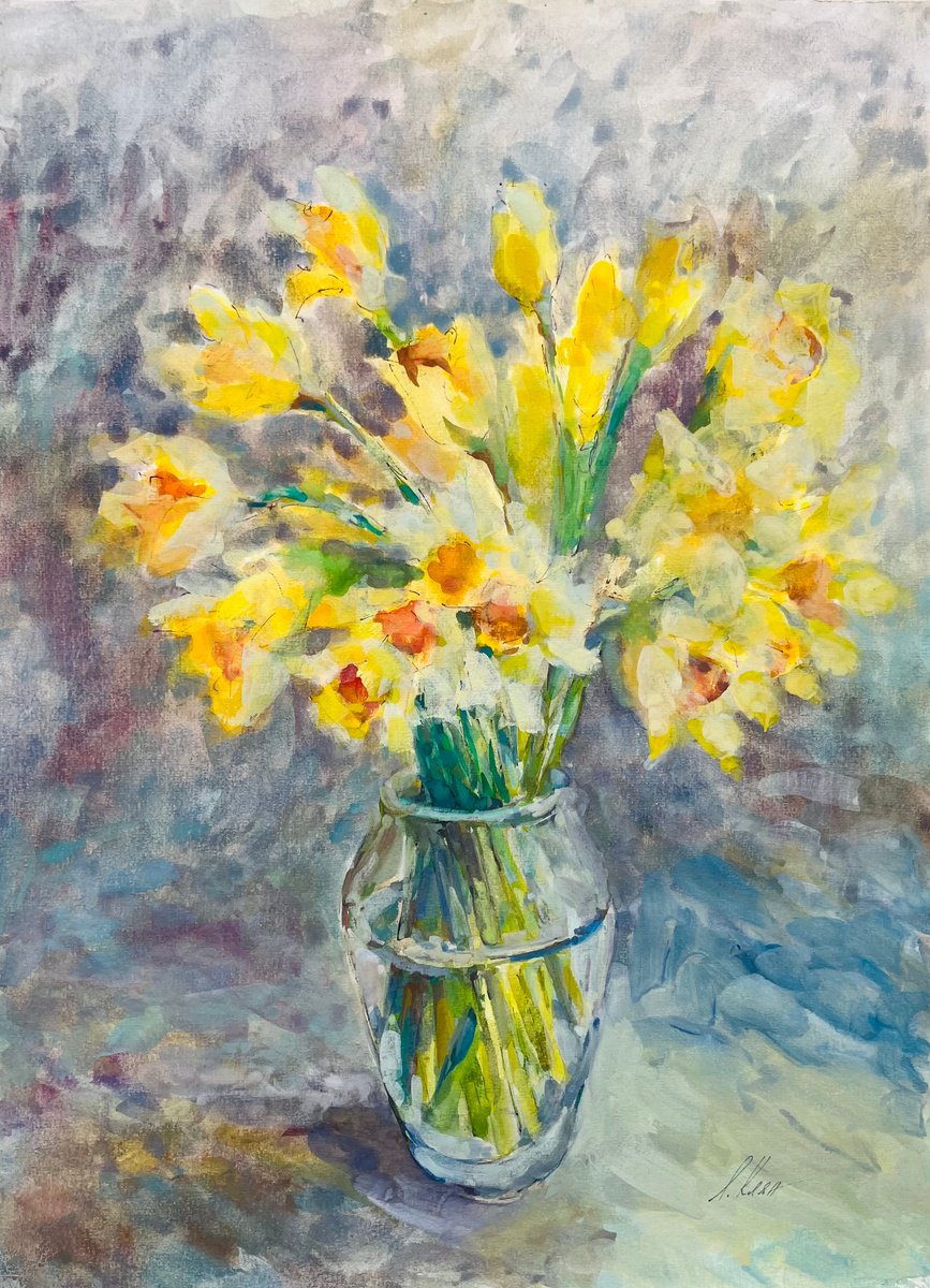 Impressionistic Still Life Painting By Elena Klyan, 14 X 19, Daffodils 3 2024, Original Artwork