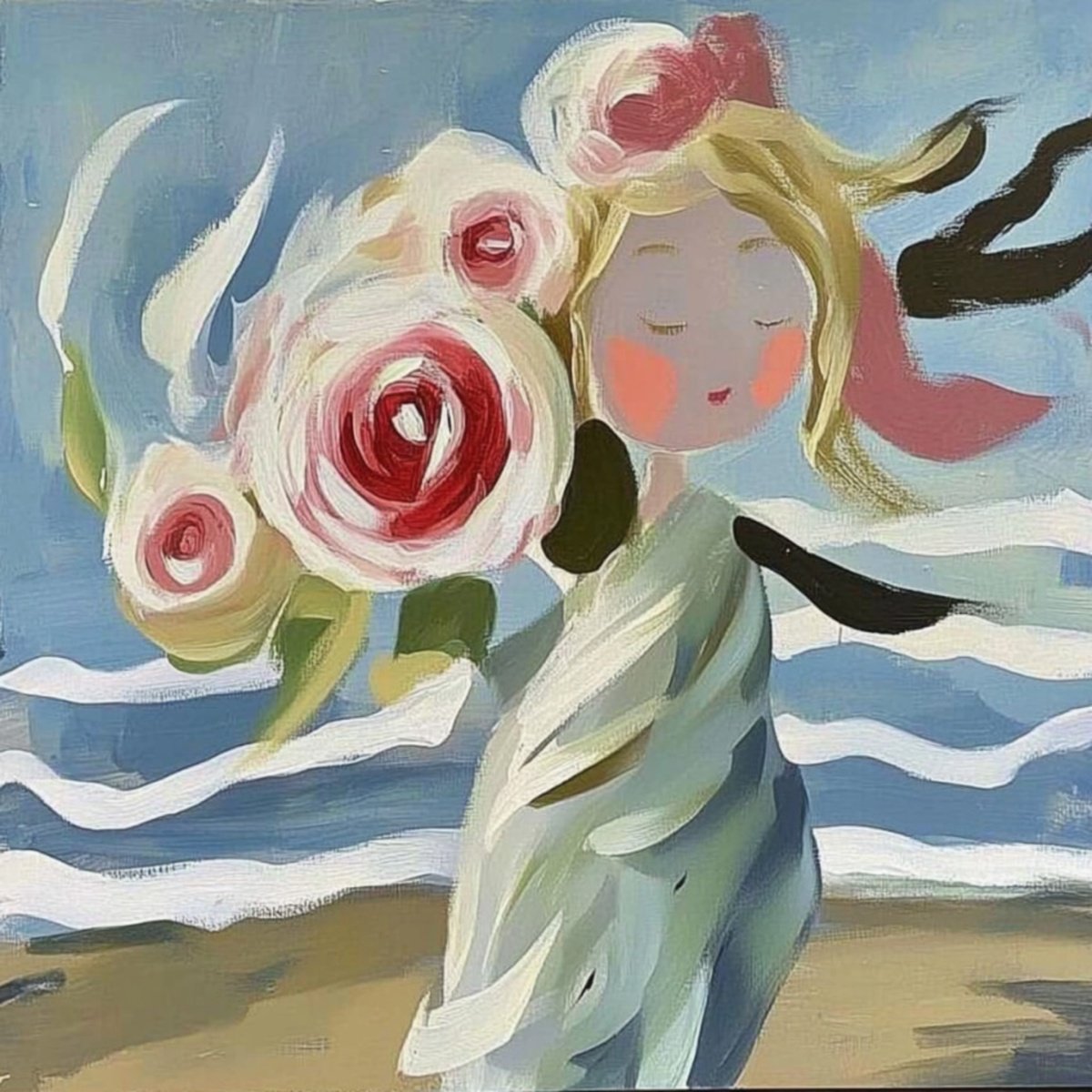 Impressionistic Landscape Print By Elena Avanesova, 31 X 31, Girl With Roses, Original Artwork