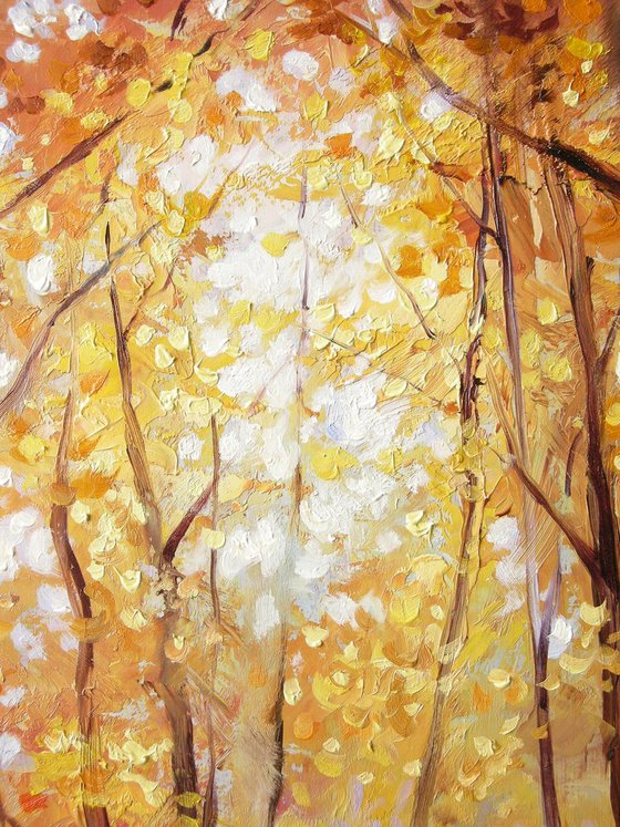 THROUGH THE SUN-DRENCHED FOREST (Impressionistic palette knife oil painting nature landscape fall autumn forest path)