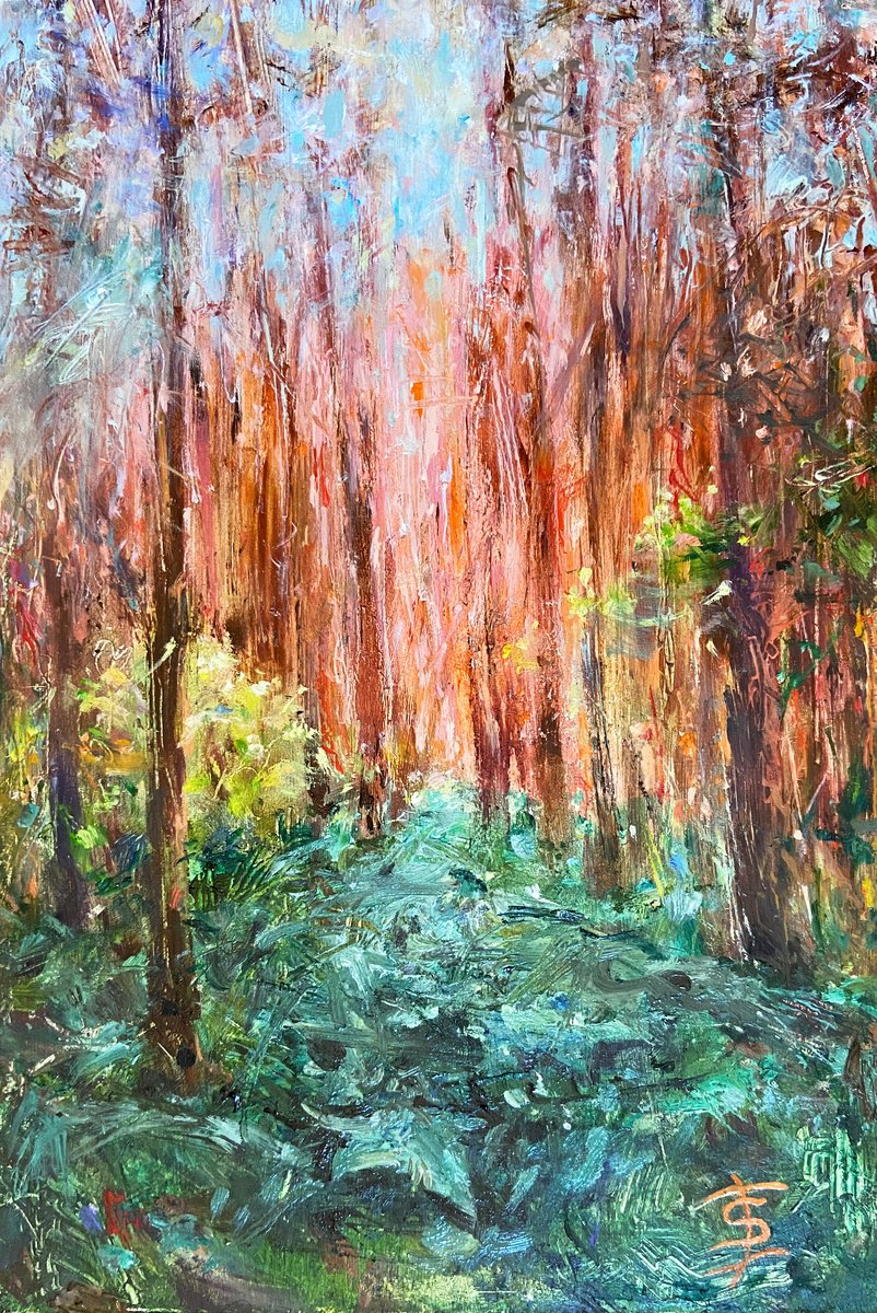 Impressionistic Landscape Oil Painting By Elvira Sesenina, 7 X 10, Forest Path, Original Artwork