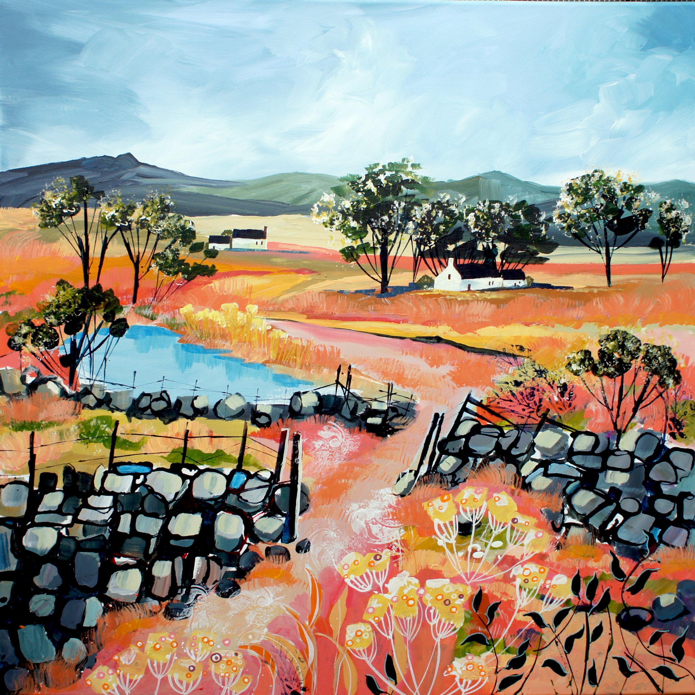 Impressionistic Landscape Acrylic Painting By Julia Rigby, 31 X 31", Autumn Track, Original Artwork