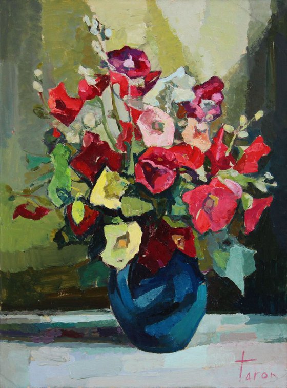 Bouquet with a blue jug