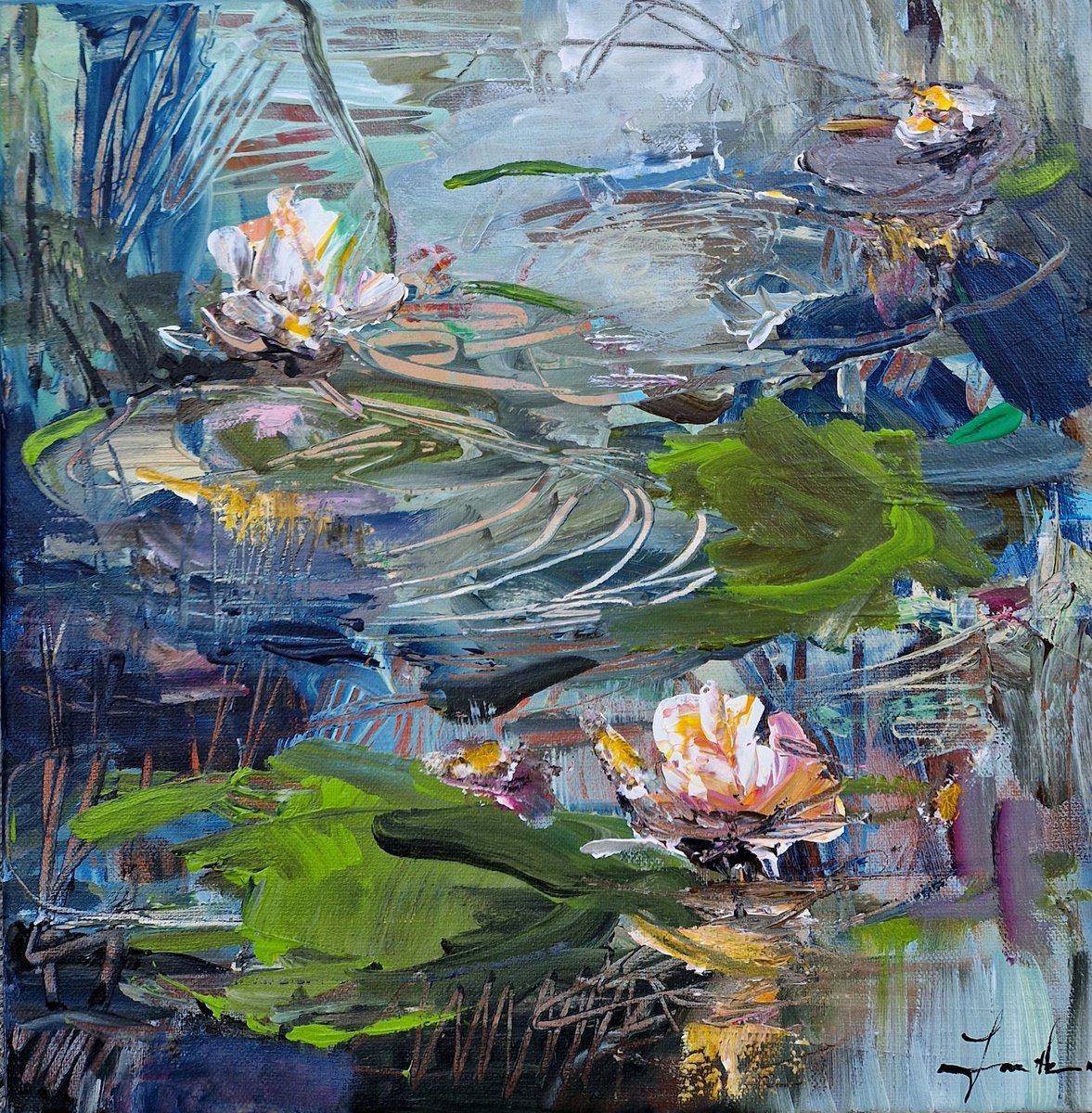 Impressionistic Botanical Acrylic Painting By Irina Laube, 12 X 12, A Little Lily Pond Ii, Original Artwork