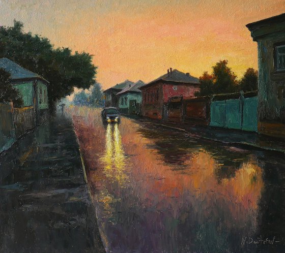 It Is Summer Warm Rain At Sunset - original oil painting