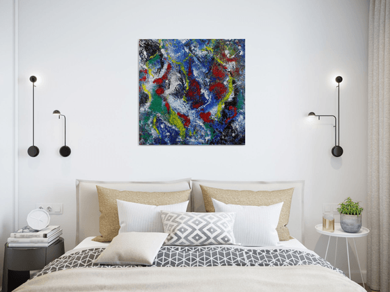 abstract acrylic painting on material canvas with bright colors "Sofia" unique work Alessandro Butera