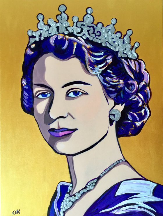 Queen. Portrait.  Acrylic large size painting on golden background