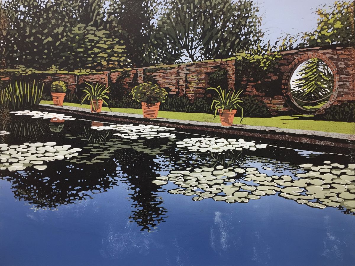 Impressionistic Landscape Linocut By Alexandra Buckle, 18 X 14, Claydon Pond Reflections, Original Artwork