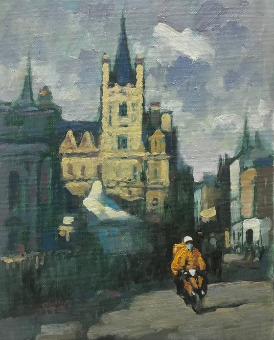 Original Oil Painting Wall Art Signed unframed Hand Made Jixiang Dong Canvas 25cm × 20cm Cityscape Wandering in The Town Centre Oxford Masked Rider Small Impressionism Impasto