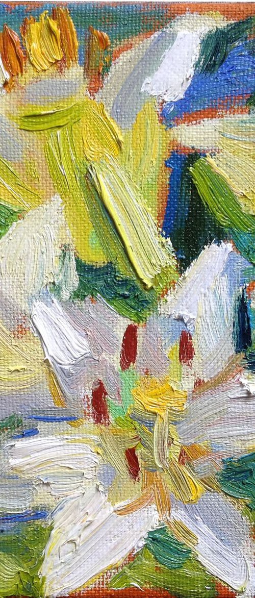 White Lilies etude . Summer Flowers original oil painting modern bouquet by Nataliia Nosyk