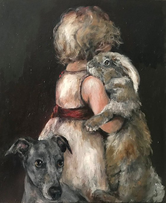 Little Girl with Rabbit and Italian Greyhound