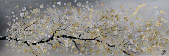 Golden Day -  acrylic abstract painting cherry blossoms nature painting framed canvas wall art