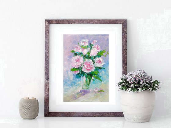 Pink Rose Painting Original Art Small Bouquet Artwork Flower Wall Art Floral Mini Oil Painting