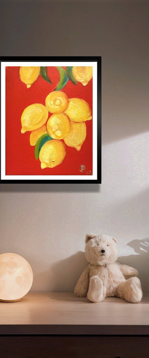 Golden Lemons on Red by Olga Pascari